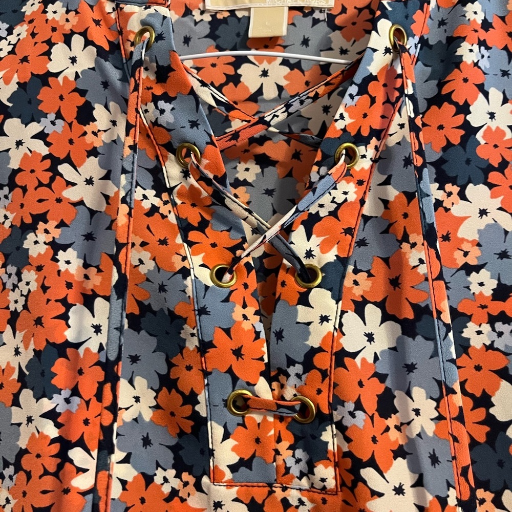 Michael Kors Coral and Blue Floral Cold Shoulder top with tie front - Picture 5 of 7